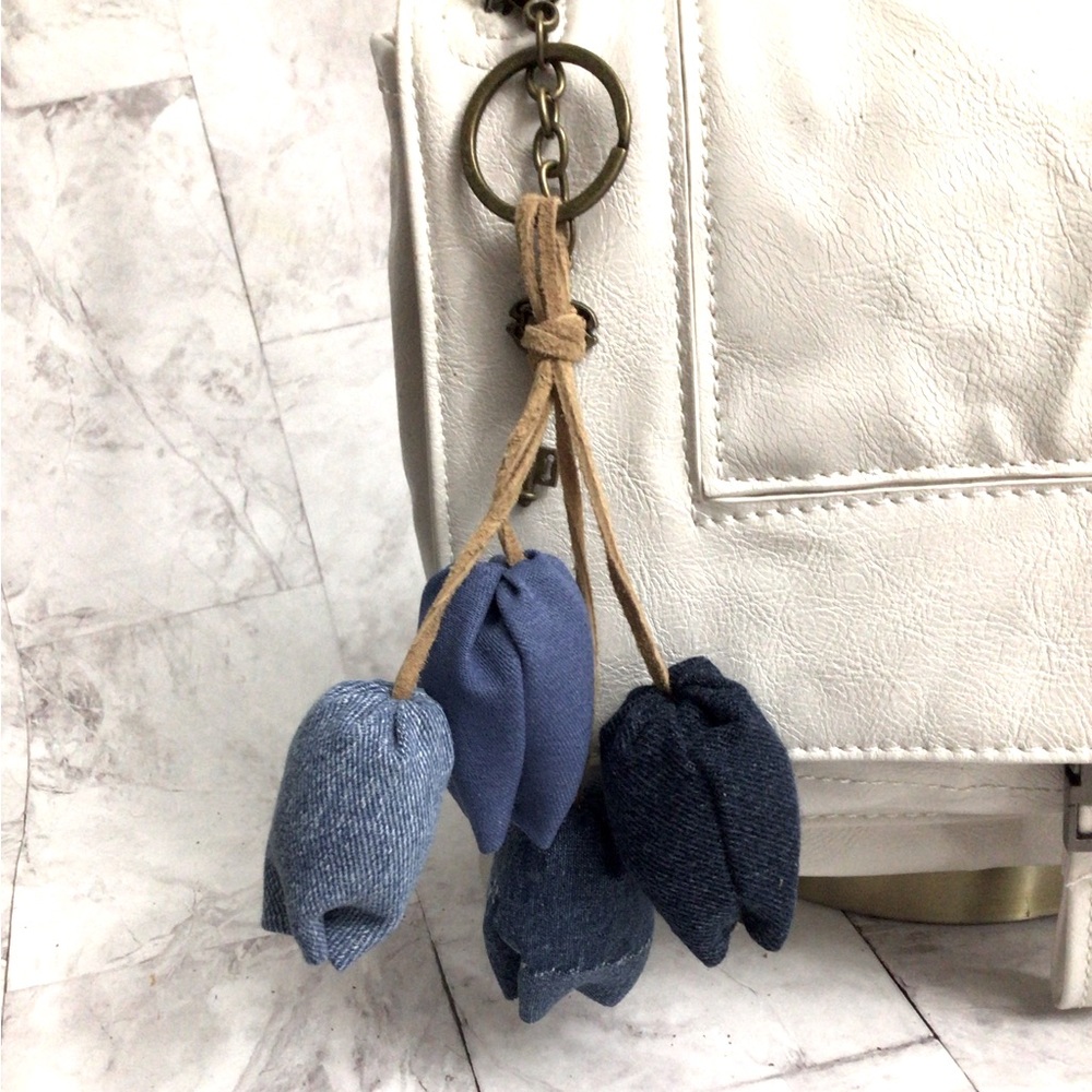 Upchcled denim bag charm, tulip purse charm, denim keychain